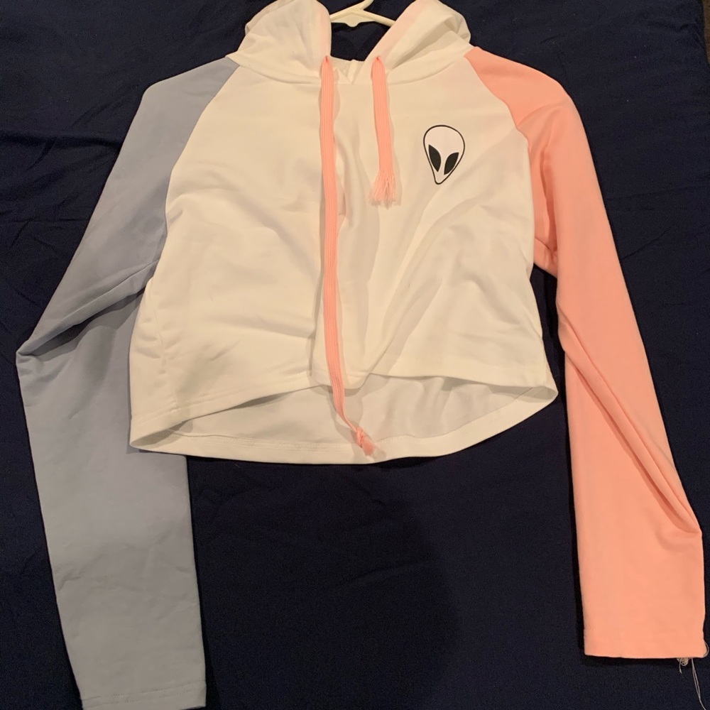 Pink/Blue Sleeved White Alien Emblem Crop Hoodie